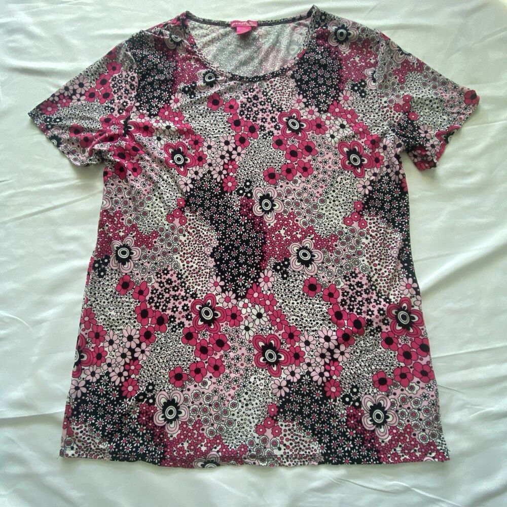 Prestige Edge Womens 1X Pink Black Floral Short Sleeve Stretch Blouse Top